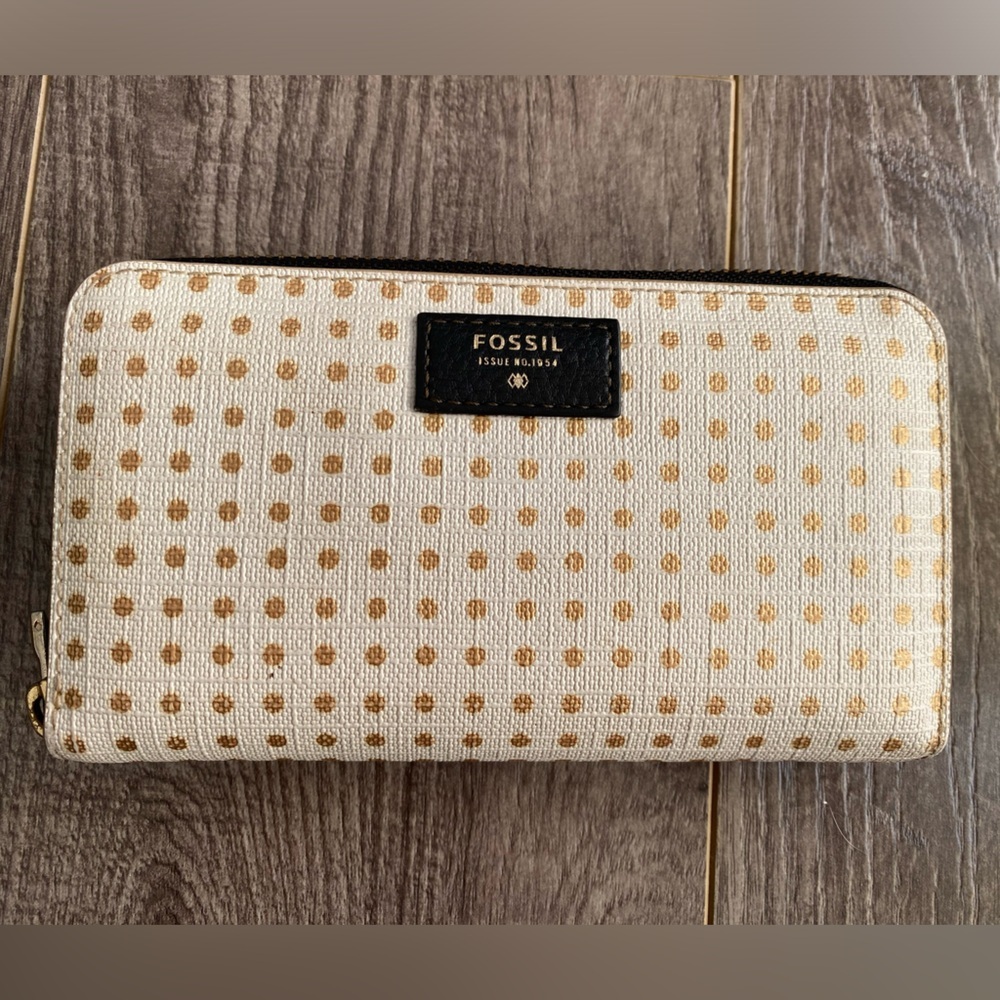 Fossil zippered wallet - white w/ gold polka dots, zippered and open pockets